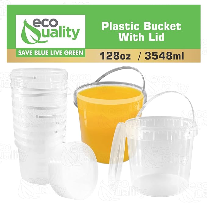 1 Gallon (128 oz) Clear Plastic Bucket with Lid and Handle (3 Pack), Ice Cream Tub with Lids - Food Grade Freezer and Microwave Safe Food Storage Containers, Round Plastic Pail Container, BPA Free