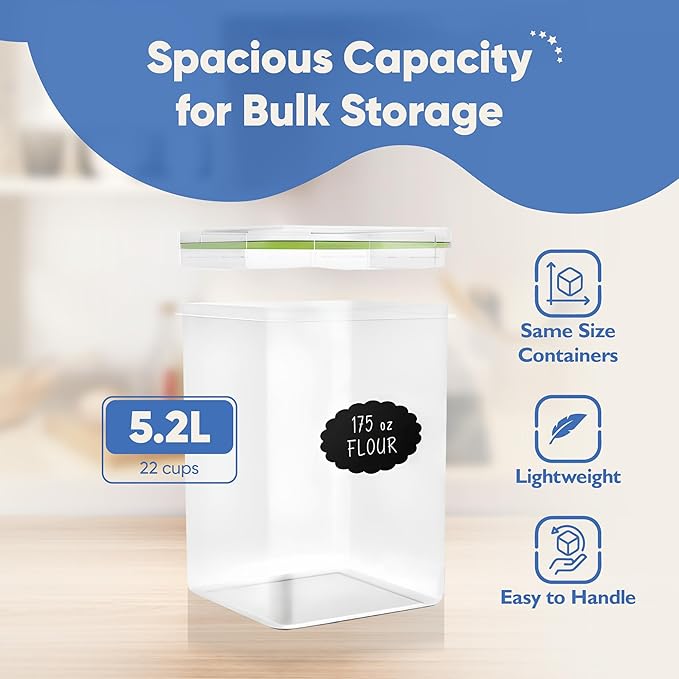 Chef's Path Kitchen Storage Box Set of 4 Extra Large Airtight Food Storage Jars for Sugar Flour Cereal Rice - Measuring Spoons, Pen and Food Preservation Labels (5.2 L)