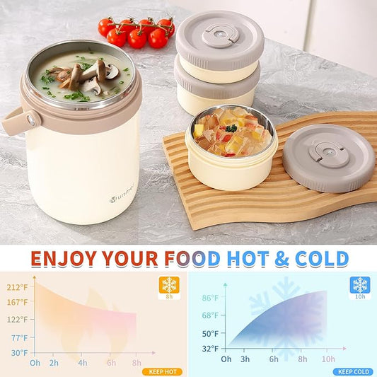 Adults Lunch Vacuum Soup Thermos For Hot Food with Inserts Stackable Bento Box Storage Container,Width Mouth Stainless Steel Portable Insulated Food Jar (white, 74 oz)