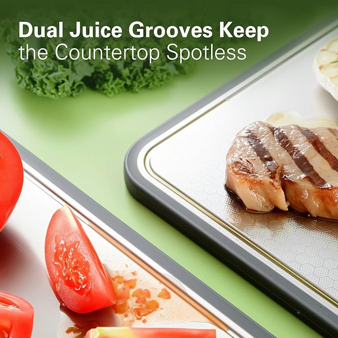 Double-Sided Stainless Steel Cutting Board for Kitchen, 19''×11.1'' Scratch-Resistant Cutting Board for Meat, Vegetables & Fruits, Rust-Resistant Chopping Board with Juice Groove on Both sides