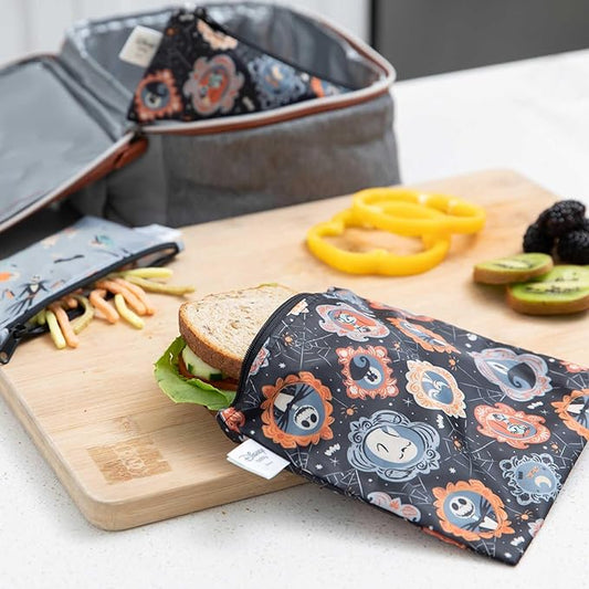 Bumkins Disney Reusable Sandwich and Snack Bags, for Kids School Lunch and for Adults Portion, Washable Fabric, Waterproof Cloth Zip Bag, Travel Pouch, Food Storage, 2-pk Nightmare Before Christmas