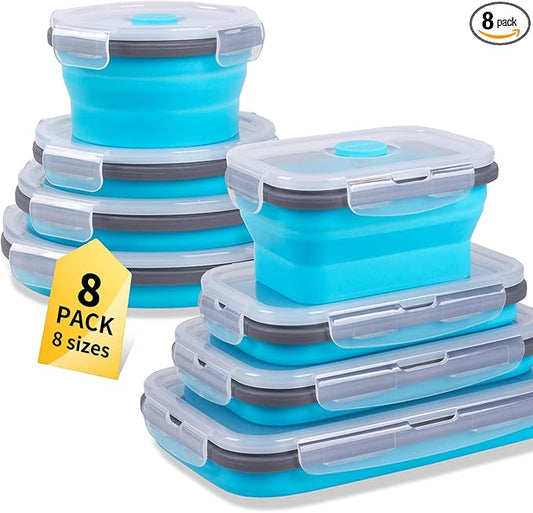 8 Pack Collapsible Food Storage Containers with Lids, Silicone Collapsible Food Containers, Collapsible Storage Containers Sets for Snack Camping RV, Microwave Freezer Dishwasher Safe, Blue
