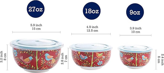 Bico Red Spring Bird Ceramic Bowl with Air Tight Lid Set of 3(27oz, 18oz, 9oz each), Prep bowls, Food Storage Bowl for Salad, Snacks, Fruits, Microwave and Dishwasher Safe