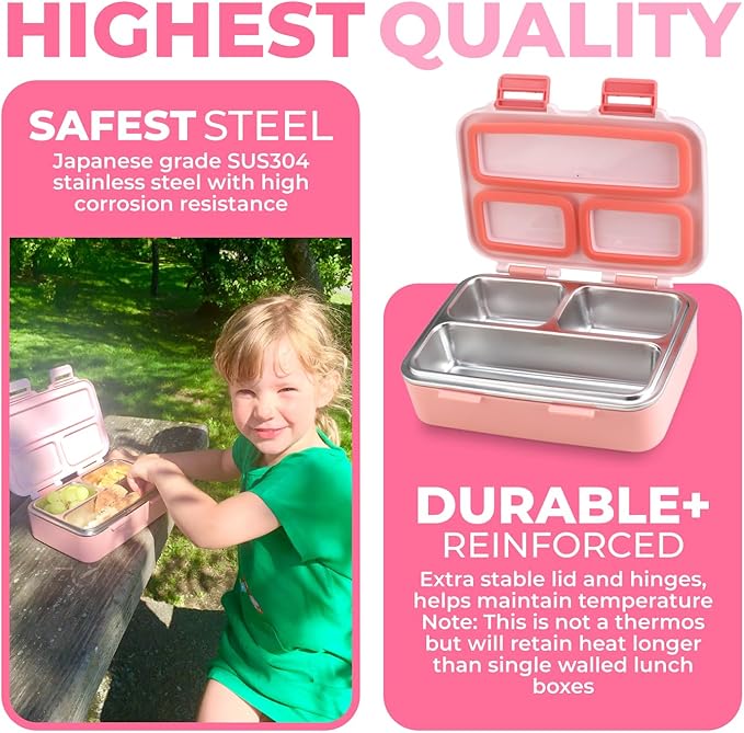 Stainless Steel Lunch Box for Baby Toddlers Girls, Mini Bento, 3 Eco Metal Portion Sections Leakproof Lid, Pre-School Daycare Lunches, Toddler Kids Spill-Proof Snack Container, 18 oz/550 mL Pink