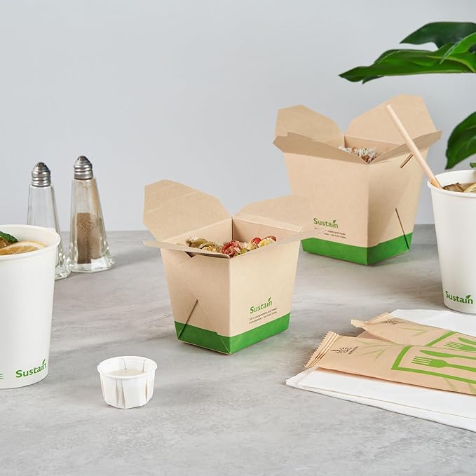 Restaurantware Sustain 16 Ounce Sturdy Paper Take Out Boxes, 50 Disposable Take Out Food Containers - With PLA lining, Compostable, Bamboo Paper Containers, Built-In Tab-Lock Cover, Greaseproof
