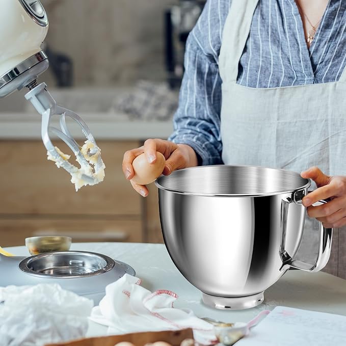 5 QT Food Grade Stainless Steel Mixer Bowl Compatible With KITCHENAID TILT-HEAD STAND MIXERS 4.5-5 Quart, Mixing Bowl with Anti-Slip Handle & Prominent Clasp, Stainless Steel Polished