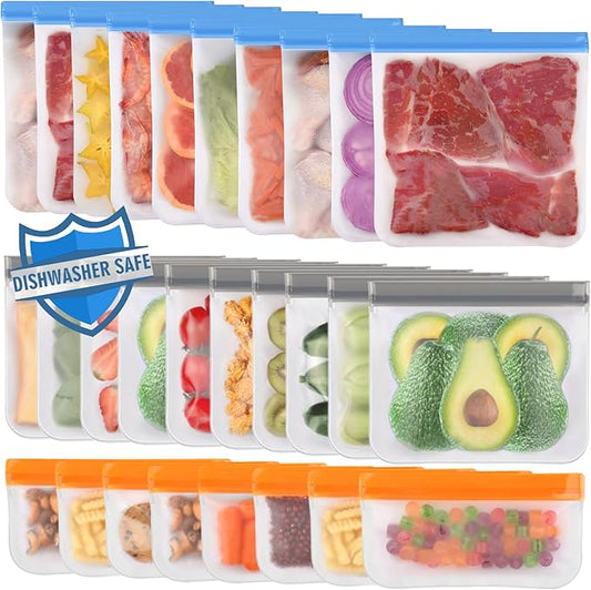 Lerine 28 Pack Dishwasher Safe Reusable Freezer Bags Silicone, Extra Thick Leakproof Reusable Food Storage Bags, BPA Free Kitchen Storage for Veggies Food Travel - 10 Gallon 10 Sandwich 8 Snack