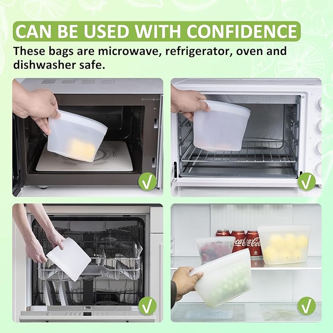 Reusable Silicone Food Storage Bags - 100% Food Grade BPA-Free, Freezer/Microwave/Dishwasher Safe | Stand-Up Zip Closure, Leakproof Eco-Friendly Meal Prep Containers (3 Pack Stand-up & 2 Pack Flat)