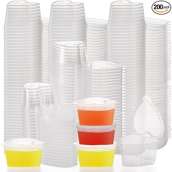 Frcctre 200 Pack 1.5 oz Disposable Plastic Portion Cups with Lids, Heart Shaped Plastic Jello Shot Cup Souffle Cups Leak Proof Condiment Containers for Sauces, Samples, Jello Shot, Slime, Craft