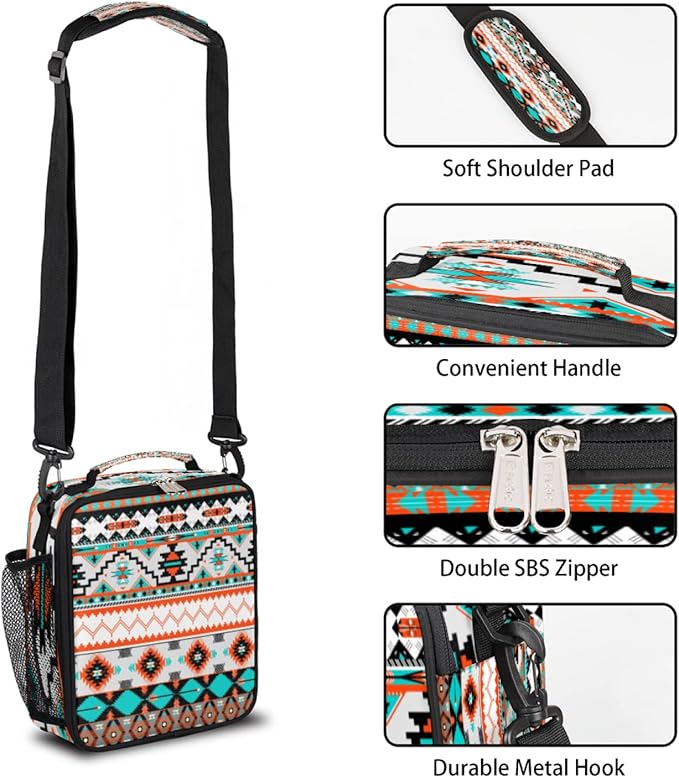 Aztec Geometric Kids Lunch Box Ethnic Insulated Lunch Bag Tote for Girls Boys, Cooler Freezable Meal Prep Bag Bento Bag with Shoulder Strap Waterproof Lunch Container for School Office Picnic
