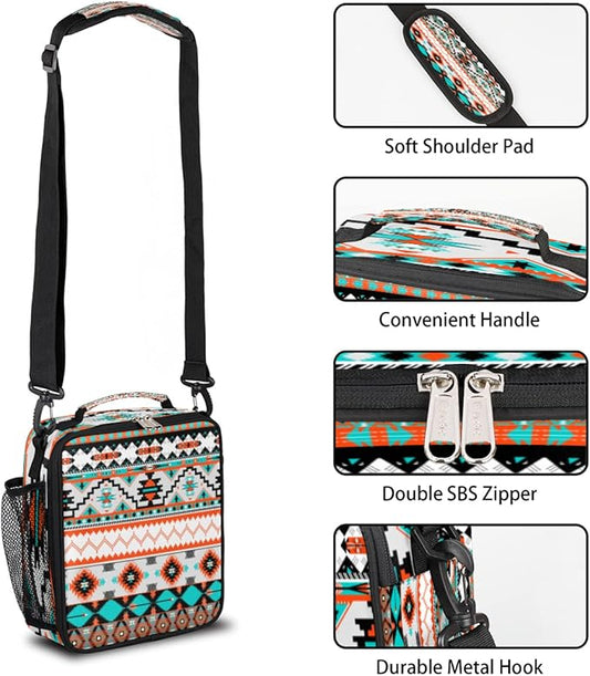 Aztec Geometric Kids Lunch Box Ethnic Insulated Lunch Bag Tote for Girls Boys, Cooler Freezable Meal Prep Bag Bento Bag with Shoulder Strap Waterproof Lunch Container for School Office Picnic