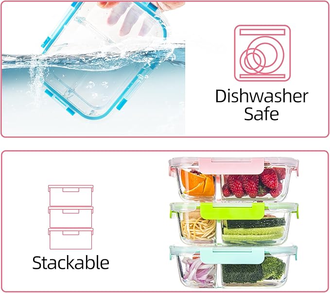 Glass Food Storage Containers 3 Compartment with Lids (5 Pack, 34oz), Divided Glass Meal Prep Containers for Lunch at Work, Leak-Proof Portion Control Food Containers, Microwave/Dishwasher Safe