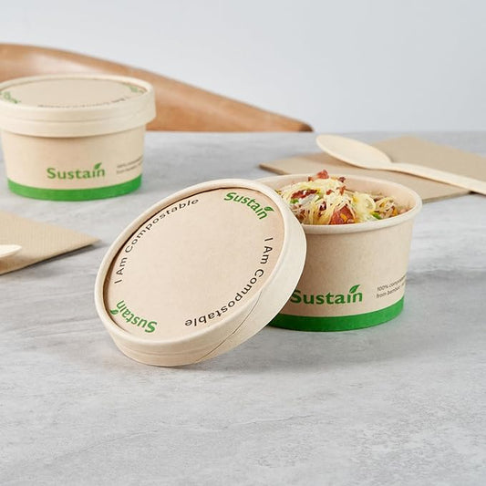 LIDS ONLY: Sustain Round Paper Soup Container Lids, 200 Disposable Ice Cream Cup Lids - Cups Sold Separately, For 8 Ounce Cups, Bamboo To Go Cup Lids, With PLA lining, Compostable - Restaurantware