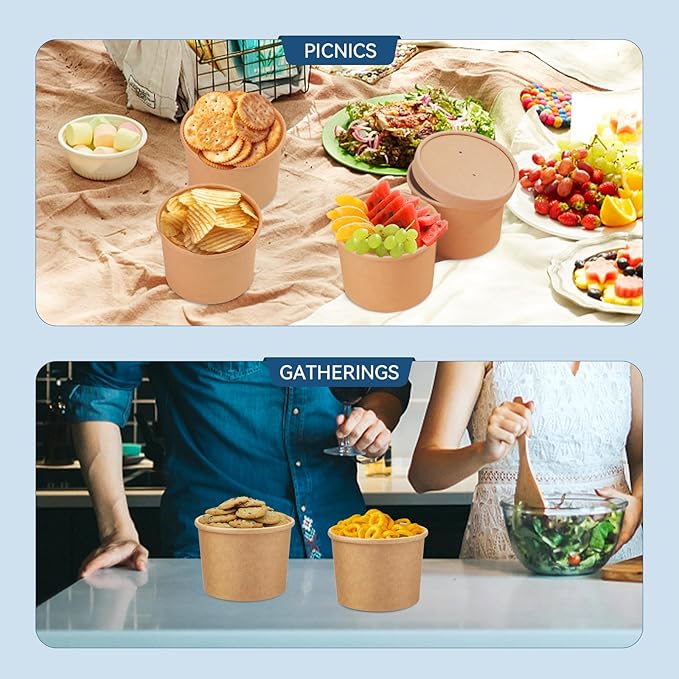 12 oz 75 Pack Paper Soup Cups with Lids, Disposable Kraft Paper Soup Bowls, Paper Soup Containers To Go, Ice Cream Cups For Dessert Yogurt Ice Cream