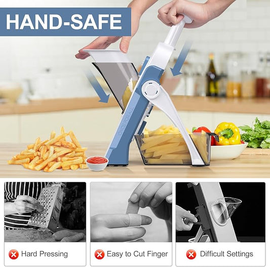 5 in 1 Safe Mandoline Slicer for Kitchen, Safe Vegetable Chopper with Paring Knife, Adjustable Thickness, Easy to Clean, Vegetable Slicer, Slicing, Strips, Shredding, Dicing, Chop (Haze Bluen)