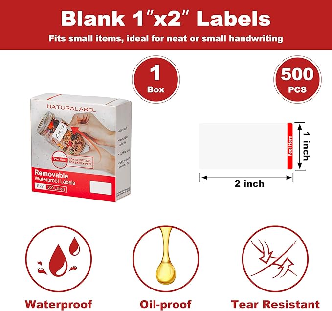 NATURALABEL 500 PCS Blank Removable Freezer Labels with Dispenser - 1" x 2" Food Labels for Meal Prep Containers & Pantry Organizers, Easy Peel-Off Design, No Residue