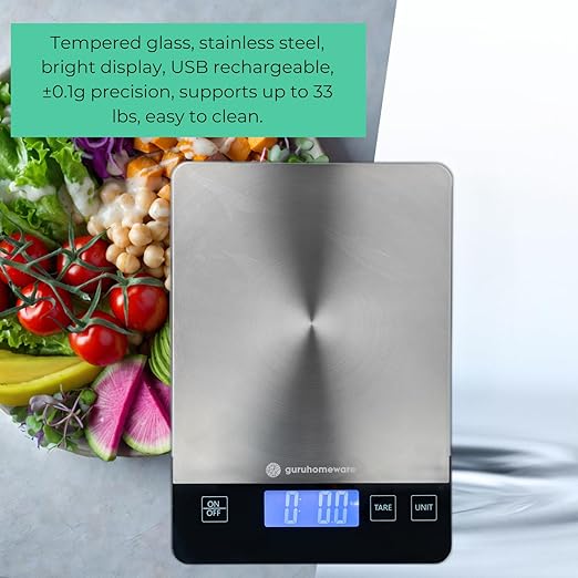 Digital Kitchen Scale – Accurate 33lb Food Scale, Measures in Grams & Ounces, USB Rechargeable, Tare Function, 5 Units – Ideal for Cooking, Baking & Meal Prep