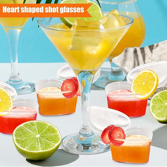 100 Sets 2/3 oz Heart Shaped Jello Shot Cups with Lids, Small Condiment Containers, Disposable Portion Cups, Plastic Souffle Cup, Mini Sample Tasting Cups, Dipping Sauce Cup To Go Bowls, Clear