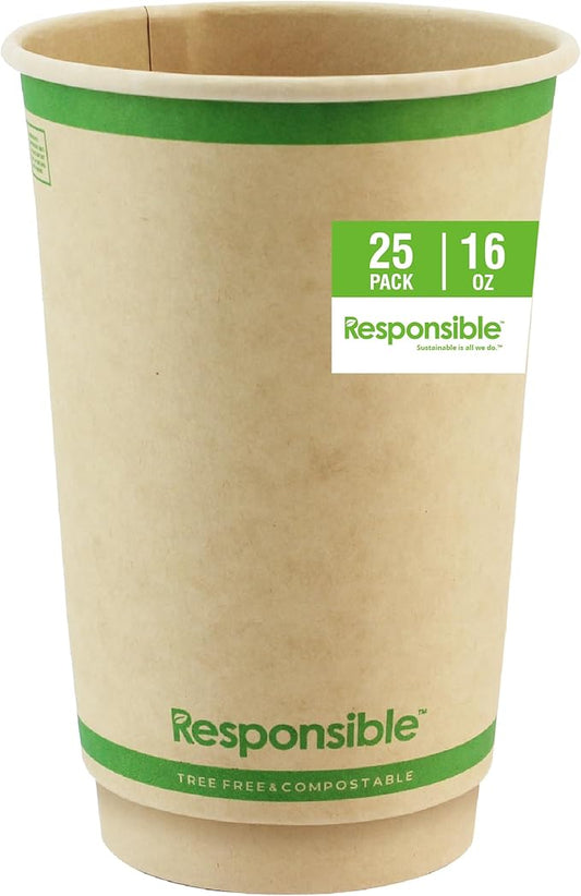 16 oz Double Wall Insulated Paper Coffee Cups (25 Count) – Smooth Wall Insulated To Go Coffee Cups - Natural Brown, Compostable, Eco-Friendly, Disposable Hot Beverage Cups