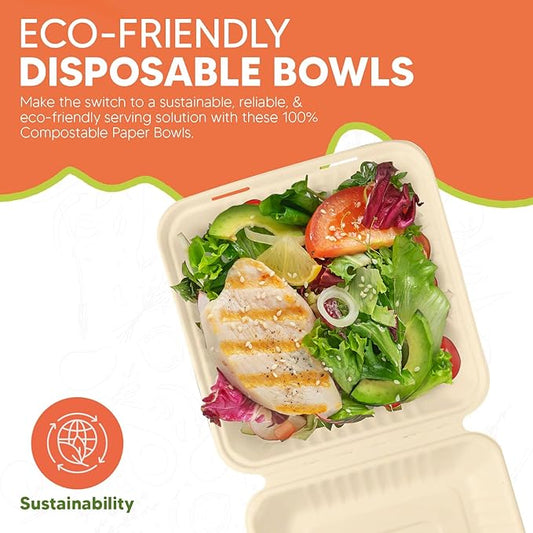 Compostable Clamshell Food Box with Lid (8x8 inch) 150-Pack | Disposable Plates | Made of Biodegradable Sugarcane Bagasse | Heavy-Duty Eco-Friendly Takeout Containers | Natural Brown