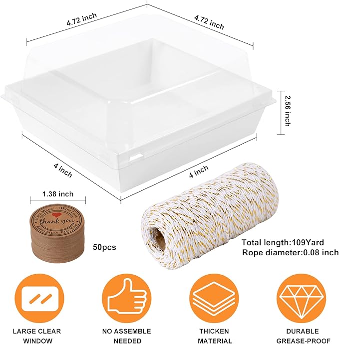 Kosotody 50 Pack Charcuterie Boxes with Clear Lids, 4 Inches White Oil-Proof Kraft Paper Food Containers Bakery Boxes for Sandwich, Cookies, Hot Cocoa, Cupcakes and Strawberries(White)
