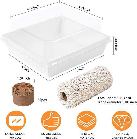 Kosotody 50 Pack Charcuterie Boxes with Clear Lids, 4 Inches White Oil-Proof Kraft Paper Food Containers Bakery Boxes for Sandwich, Cookies, Hot Cocoa, Cupcakes and Strawberries(White)