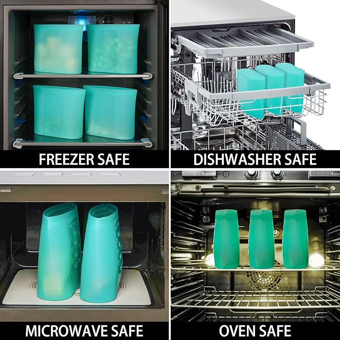 Reusable Freezer Bags Quart Size, 1 Pack, 100% Silicone Stand Up Ziplock Reusable Silicone Food Storage Bags Sandwich Bags Containers, Freezer Microwave Oven Dishwasher Safe, Aqua, 33.8fl.oz