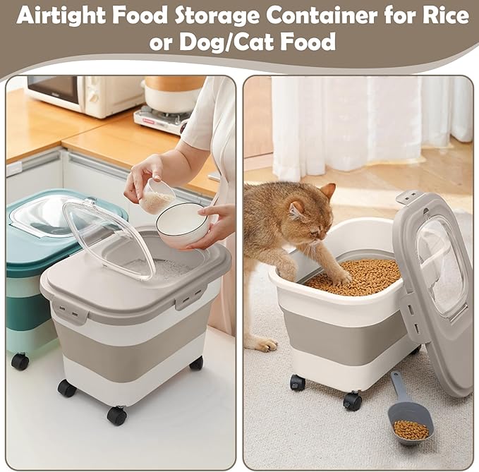 Rice Storage Container, 20Lbs Airtight Flour Container Rice Dispenser, Large Pet Dog Cat Food Storage Bin with Rolling Wheels, Scoop & Measuring Cup, Collapsible Kitchen Cereal Dry Food Holder