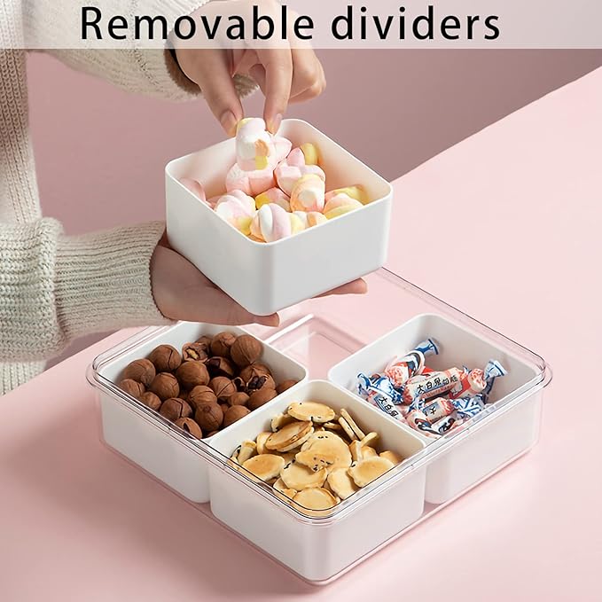 MineSign Divided Serving Tray with Lid for Veggie Charcuterie Container Portion Control Salad Keeper with 4 Removable Boxes Stackable Refrigerator Organizer Bins Food Storage Organizer Produce Saver
