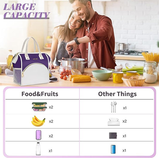 LOKASS Lunch Bag Women Insulated Lunch Box, Wide-Open Lunch Tote Bag Leak-proof Cooler Bag for Work Picnic-（Purple）