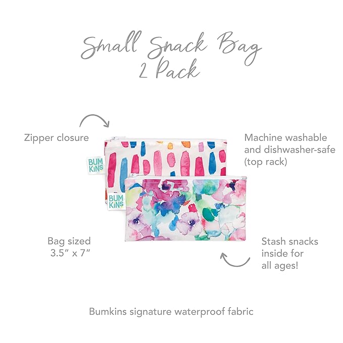 Bumkins Reusable Snack Bags, for Kids School Lunch and for Adults Portion, Washable Fabric, Waterproof Cloth Zip Bag, Supplies Travel Pouch, Food-Safe, 2-pk Watercolors and Brushstrokes