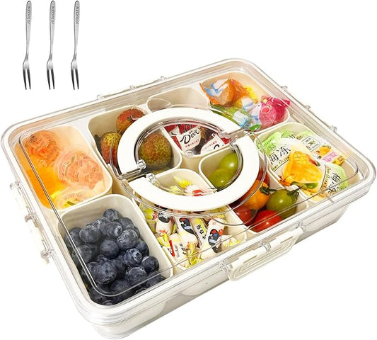 JOSUCLEN Plastic 8-Compartment Containers | Travel, Car, Charcuterie | Divided, with Lid and Handle | Fruit, Candy, Veggie, Vegetables, Nuts
