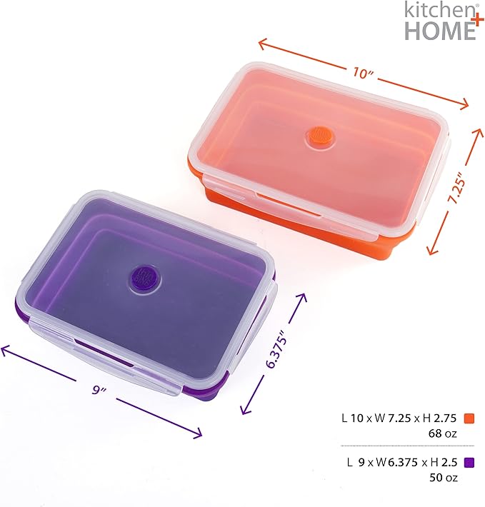 Thin Bins Collapsible Containers – Set of 2 Extra Large Rectangle Silicone Food Storage Containers – BPA Free, Microwave, Dishwasher and Freezer Safe