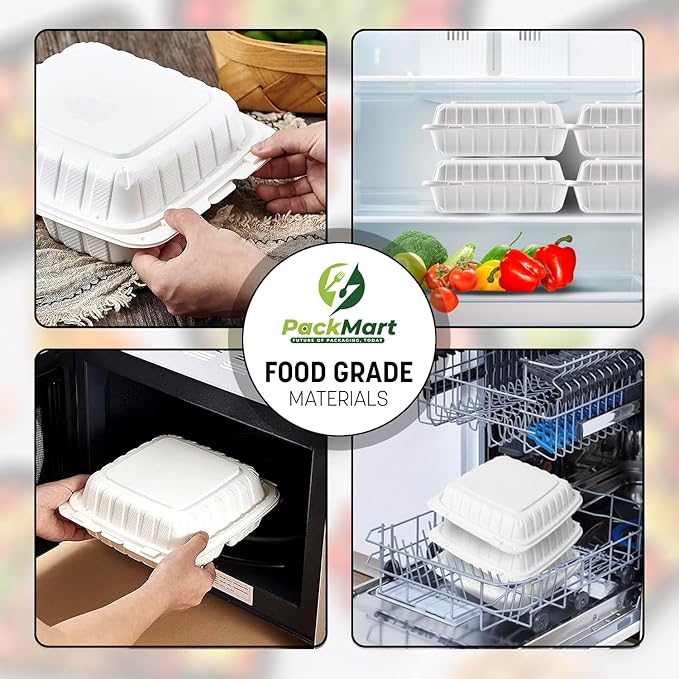 6X6X3 50 Pcs Plastic Clamshell Takeout Food Trays Heavy Duty Disposable Box For Pasta Salad Sandwich Meal Prep Packaging Catering Hinged Containers With Secure Snap Lid