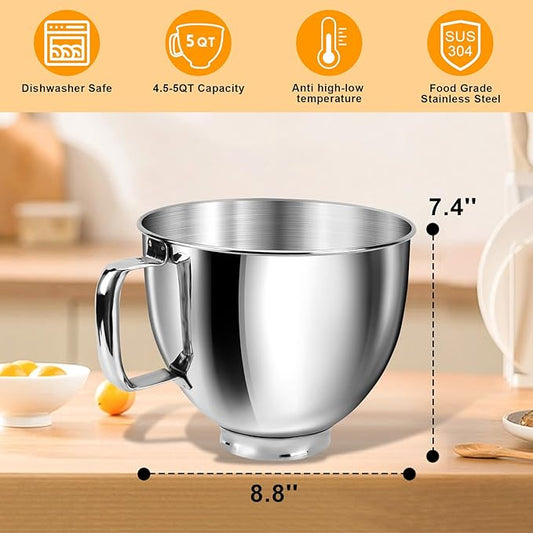 5 QT Food Grade Stainless Steel Mixer Bowl Compatible With KITCHENAID TILT-HEAD STAND MIXERS 4.5-5 Quart, Mixing Bowl with Anti-Slip Handle & Prominent Clasp, Stainless Steel Polished