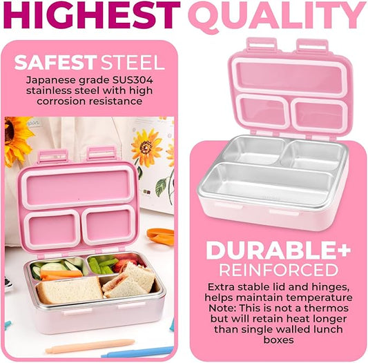 Stainless Steel Bento Box Lunch Container for Kids Adults with Removable Tray, Leakproof Silicone Seals, BPA Free 26 oz/790 mL (Pink)