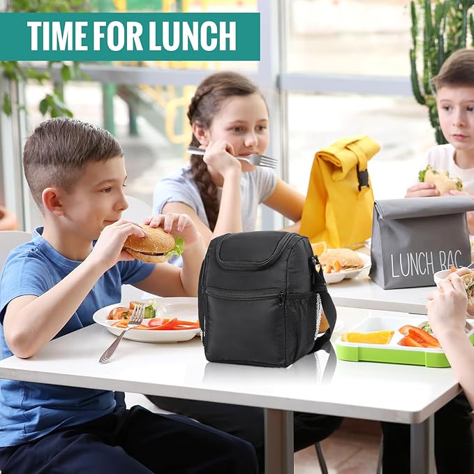 Nuogo 10 Pcs Insulated Lunch Bags Bulk, Reusable Lunch Boxes, Black Waterproof Thermal Cooler Bags with Zipper, Adjustable Strap for Men Women Work School Outdoor Camping Picnic Beach