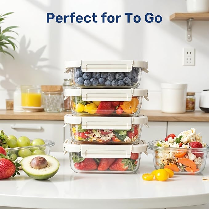 YSSOA Food Meal Prep Containers with Exclusive Glass Lids, Glass Storage Containers with Lids, BPA-Free, Glass Lunch Boxes for Lunch, Pantry Organizers and Storage, Freezer to Oven Safe, 4 Pack