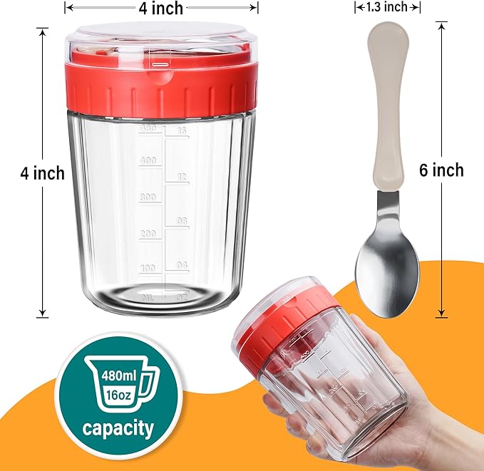 Overnight Oats Containers with Lid and Spoon - 16oz Glass Mason Jars for Meal Prep, Yogurt,Pudding- Set of 4