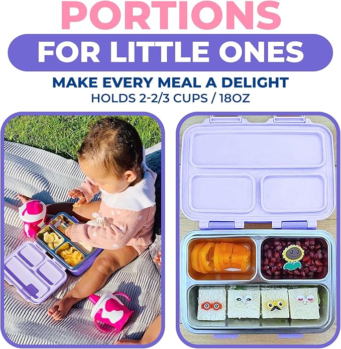 Stainless Steel Lunch Box for Baby Toddlers Girls, Mini Bento, 3 Eco Metal Portion Sections Leakproof Lid, Pre-School Daycare Lunches, Kids Spill-Proof Snack Container, 18 oz/550 mL Purple Unicorn