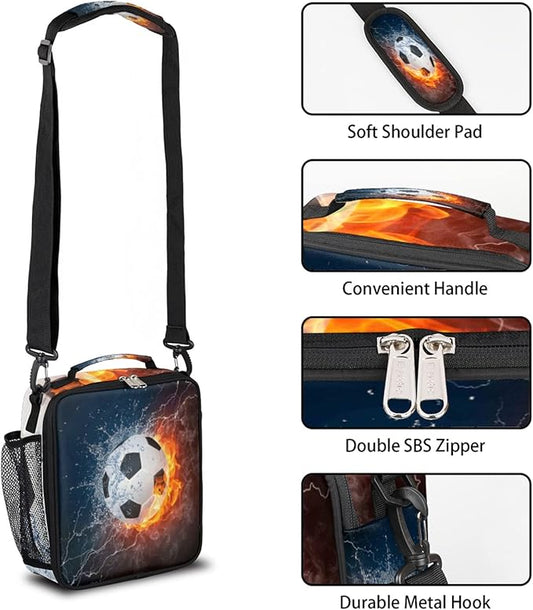 Bardic Fire Soccer Ball Lunch Box for Kids, Sports Football Insulated Bag Boys Girls, Reusable Waterproof with Adjustable Shoulder Strap Cooler Tote School, Work, Picnic, One Size