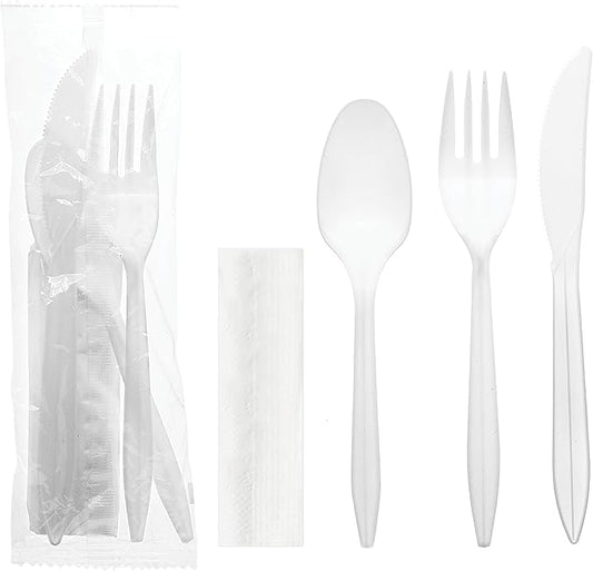Party Essentials Individually Wrapped Plastic Cutlery Packets/Silverware Kits, White Fork/Spoon/Knife/Napkin, 100 Sets