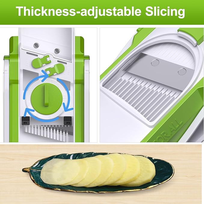 Safe Mandoline Slicer for Kitchen, Adjustable Thickness 0.1-8 mm, 5 in 1 Multi Vegetable Chopper, Potato Slice, Food Chopper French Fry Cutte, with Paring Knife/Cleaning Brush, Mandolin (AvocadoGreen)