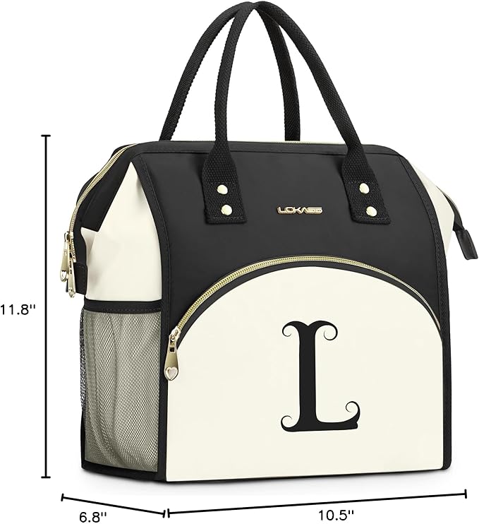 Personalized Lunch Bag for Women, Preppy Reusable Insulated Initials Lunch Box Gift for Friend Large Wide-Open Water Resistant Adult Cooler Tote Bag for Work, Travel, Picnic - Black L