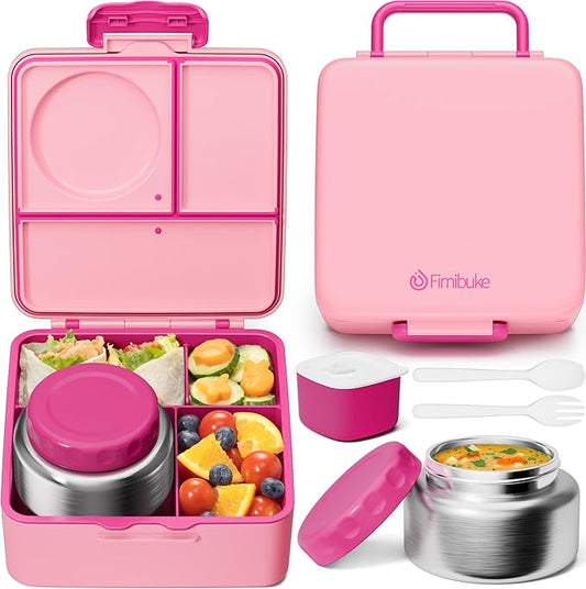 Fimibuke Bento Box for Kids Adult, BPA Free & Leakproof Toddler Lunch Box with 8.5oz Insulated Thermos Food Jar, Utensils & Sauce Jar, Dishwasher Safe 3 or 4 Compartment Container for School Girl Boy