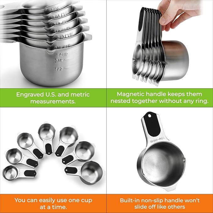 Spring Chef Premium Swivel Vegetable Peeler, Pink & Stainless Steel Magnetic Measuring Cups, Set of 7, Black - 2 Product Bundle