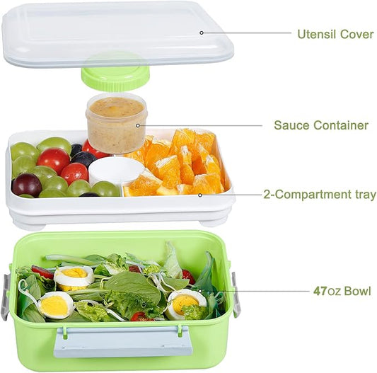 3 Pack Salad Lunch Box Food Storage Containers, 47oz Bento Box To Go Container with Lids, Meal Prep Containers with Removable Tray & Dressing Pots for Kids and Adults, Reusable and Microwavable