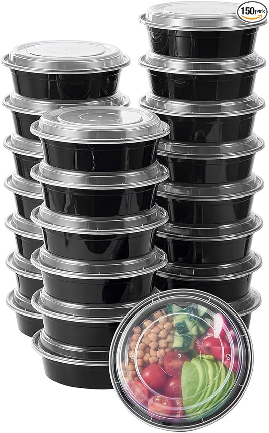 24 oz 150 ct Round Meal Prep Food Storage Containers with Lids To Go Plastic Lunch Plan Box Disposable Take Out Bowls Black BPA Free Durable Stackable Microwave Freezer Safe (Formerly FULING)