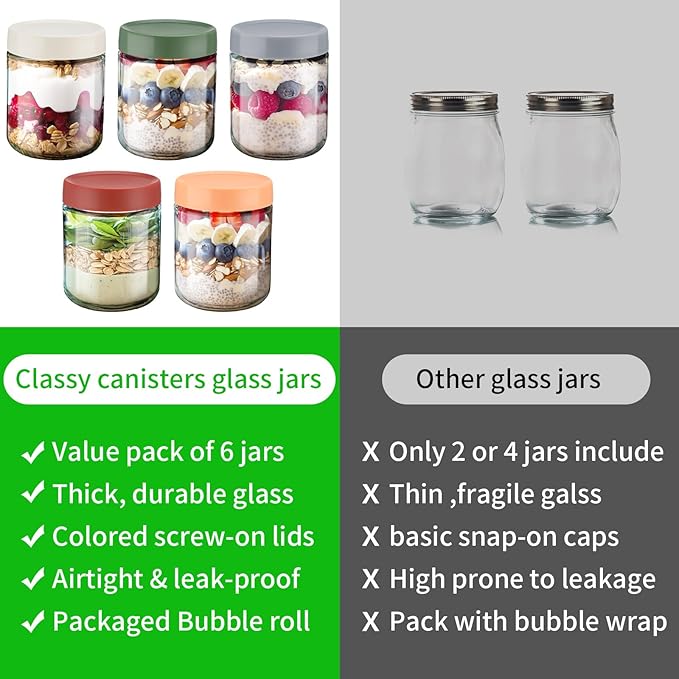 Glass Meal Prep Containers 10 Pcs Overnight Oats Containers with Lids 16 oz and 10 oz Large & Small Glass Jars Breakfast Oatmeal Container Salad Meal Prep Jars for Food Storage(Retro Color)