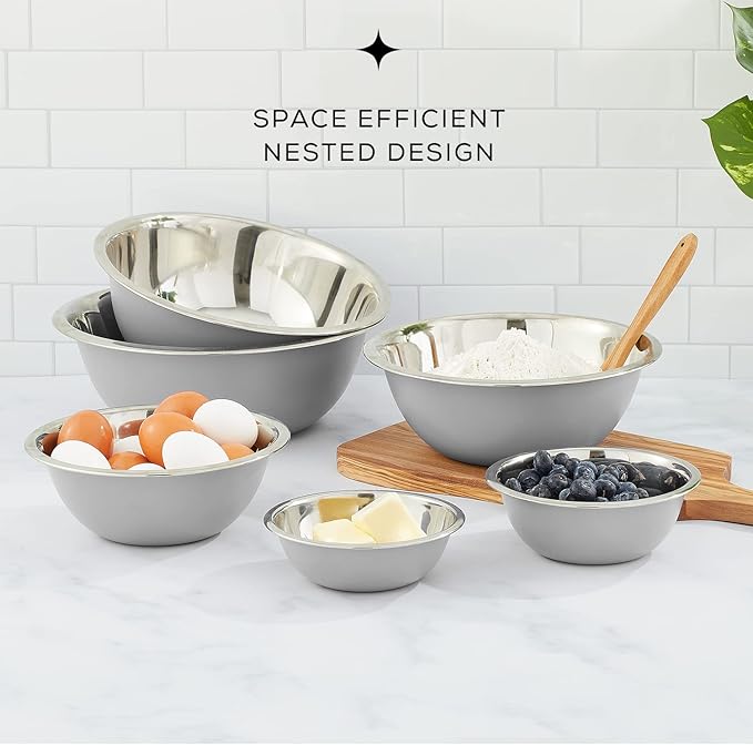 JoyJolt Stainless Steel Mixing Bowl Set of 6 Bowls (Grey). 5qt Large to 0.5qt Small Metal Bowl. Kitchen, Cooking and Storage Nesting Bowls. Dough, Batter Baking Gray